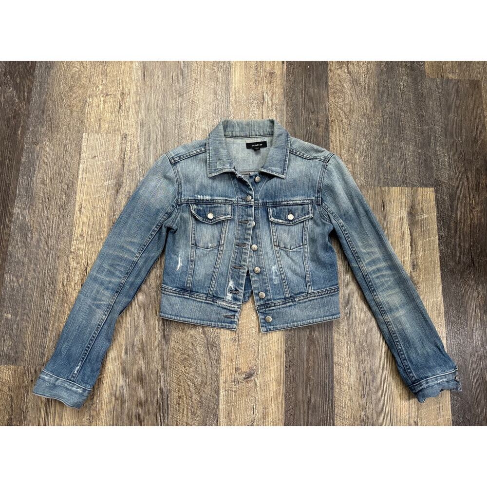 Bebe Womens Cropped Distressed Denim Jacket Medium Wash Blue XS 1082Y1010000